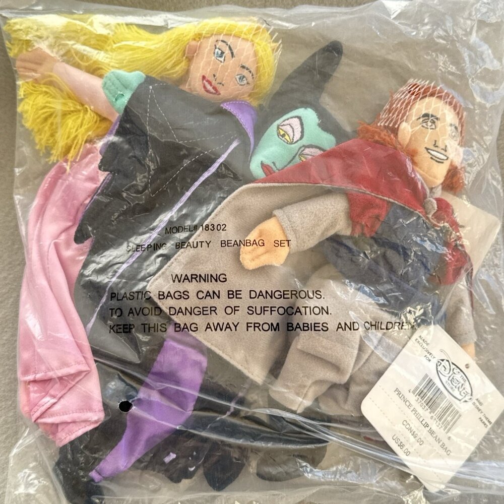Sleeping Beauty Prince Phillip Maleficent Aurora Disney Store Bean Bag Set of 3 - Picture 9 of 9